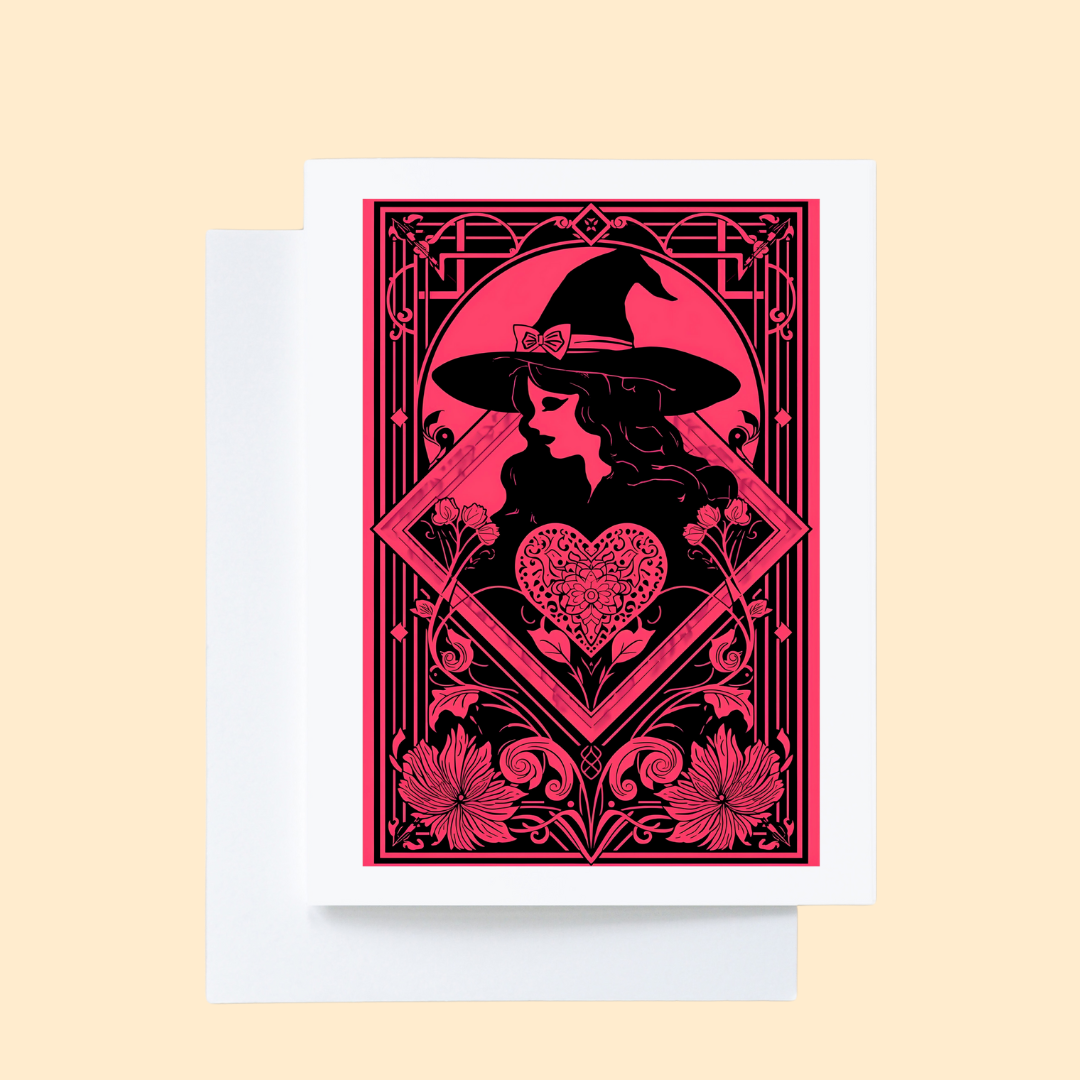Hot Pink and Black Witchy Valentine Notecard: White