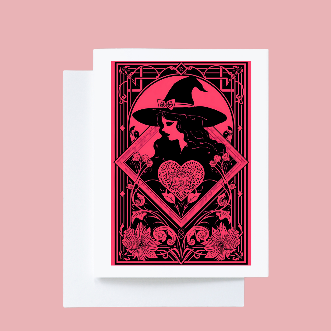 Hot Pink and Black Witchy Valentine Notecard: White