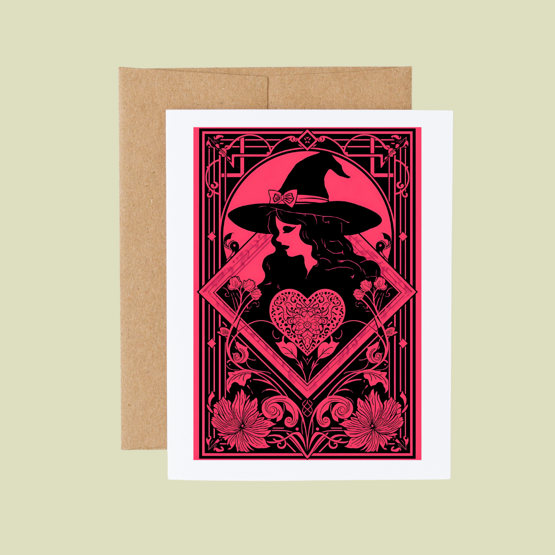 Hot Pink and Black Witchy Valentine Notecard: White