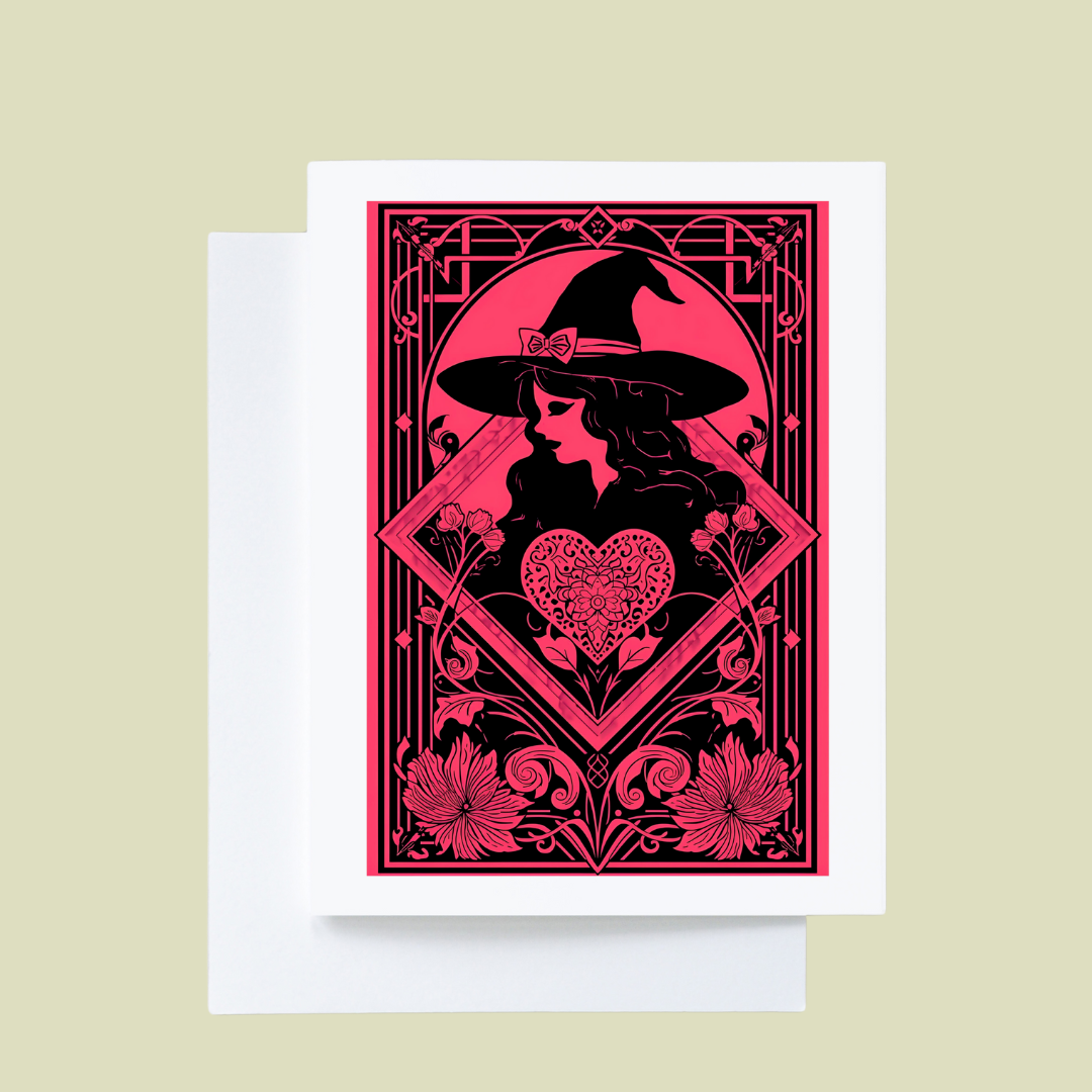 Hot Pink and Black Witchy Valentine Notecard: White